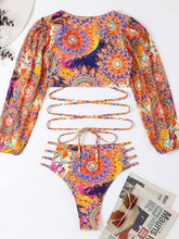 Langarm-Bikiniset aus Netzstoff mit ethnischem Aufdruck für Damen